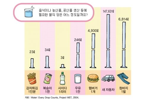 음식이나 농산품, 공산품 생산 등에 필요한 물의 양은 어느 정도일까요? - 감자튀김 1인분(23L), 복숭아 1캔(34L), 사이다 1리터(3L), 우유 1잔(246L), 햄버거 1개(4,930L), 새 자동차(147,631L), 청바지 1벌(6,814L)