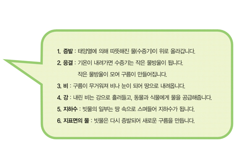 1.증발:태양열에 의해 따뜻해진 물(수증기)이 위로 올라갑니다. 2.응결:기온이 내려가면 수증기는 작은 물방울이 됩니다. 작은 물방울이 모여 구름이 만들어집니다. 3.비:구름이 무거워져 비나 눈이되어 땅으로 내려옵니다. 4.강:내린 비는 강으로 흘러들고, 동물과 식물에게 물을 공급해줍니다. 5.지하수:빗물의 일부는 땅 속으로 스며들어 지하수가 됩니다. 6.지표면의 물:빗물은 다시 증발되어 새로운 구름을 만듭니다.