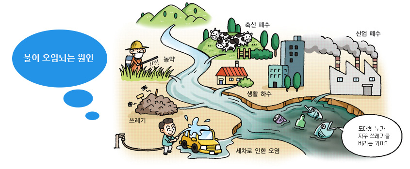 물이 오염되는 원인:축산 폐수, 농약, 산업폐수, 생활 하수, 쓰레기, 세차로 인한 오염