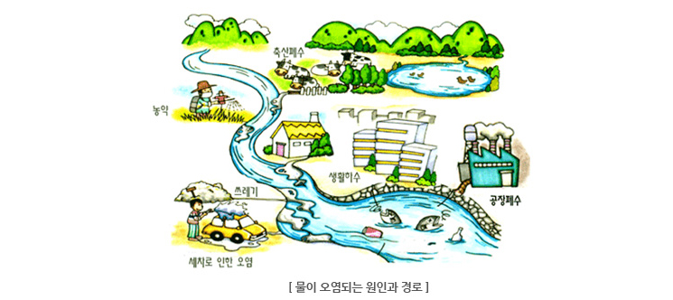 물이 오염되는 원인과 경로 이미지 (축산폐수 → 농약 → 생활하수→ 쓰레기→ 세차로 인한 오염→ 공장폐수)