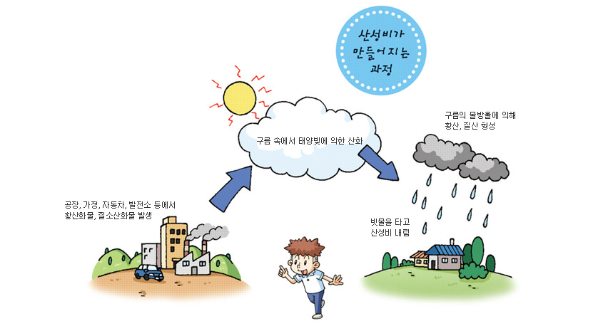 산성비가 만들어지는 과정:공장,가정,자동차,발전소 등에서 황산화물,질소산화물 발생→구름 속에서 태양빛에 의한 산화→구름의 물방울에 의해 황산,질산 형성→빗물을 타고내림