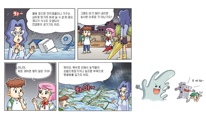 선생님:물에 젖으면 전자제품이나 가구는 심하게 망가져버려 쓸 수 없게되요. 게다가 식수도 오염되서 전염병이 생기기도 하죠. / 아이1:그래도 비가 많이 내리면 농사엔 이로운 거 아닌가요? / 아이2:아니야. 뭐든 과하면 좋지 않은거야. / 선생님:맞아요. 폭우로 인해서 농작물이 논밭으로 잠기거나 일조량 부족으로 병충해를 입기도 하죠.